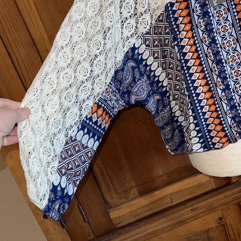 NWT Anthropologie HAZEL Blue & Orange Bohemian Style Blouse Sz. S